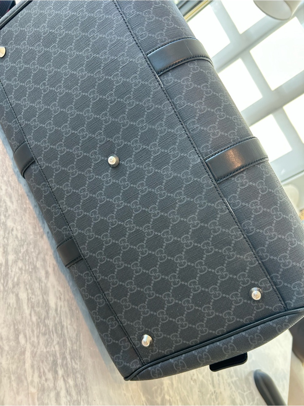 Gucci Black GG Supreme Duffel with Red and Navy Web Strap - Picture 10 of 15